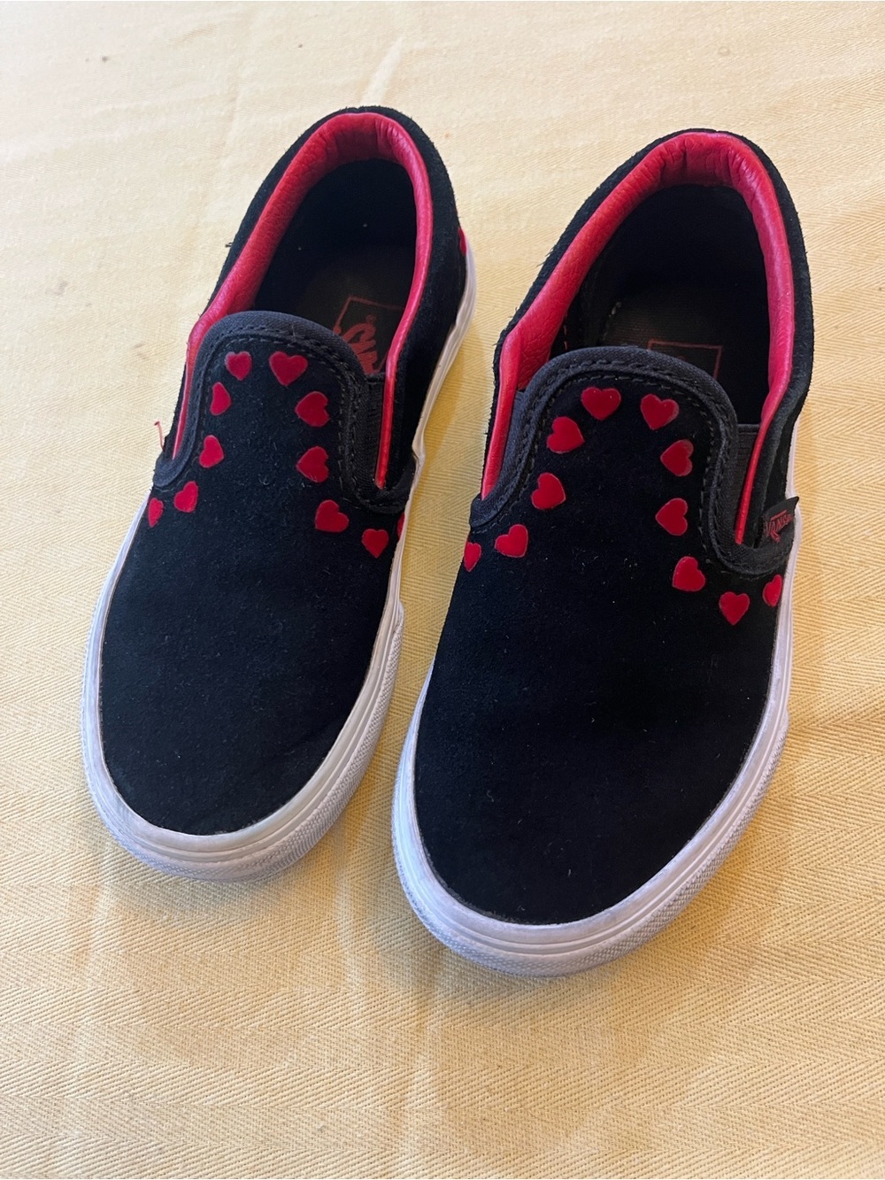 Vans Kids Black Slip-On Sneakers with Red Heart Details